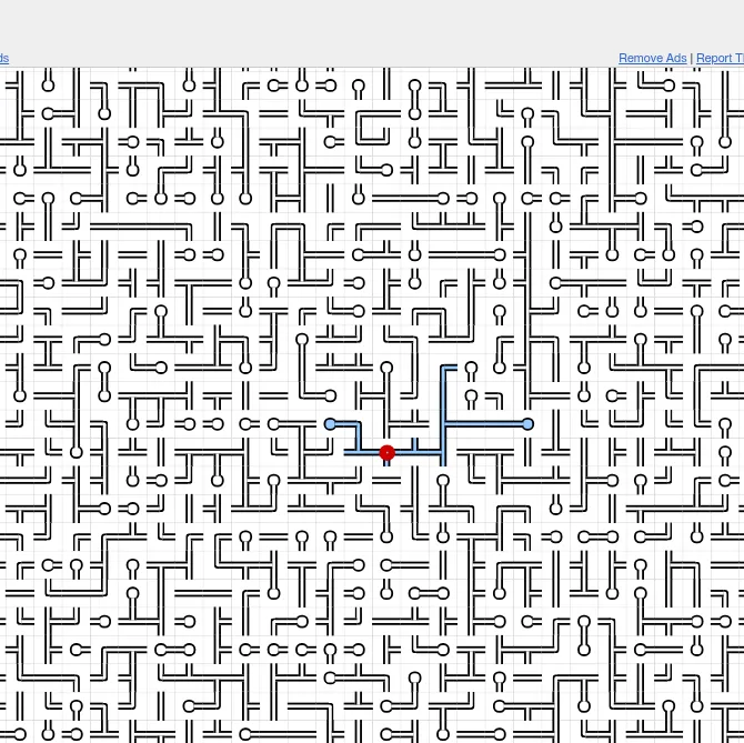 The Special Daily Pipes board on puzzle-pipes.com: a large grid of unturned pipe tiles with the red source near the centre and its connected pipes in blue