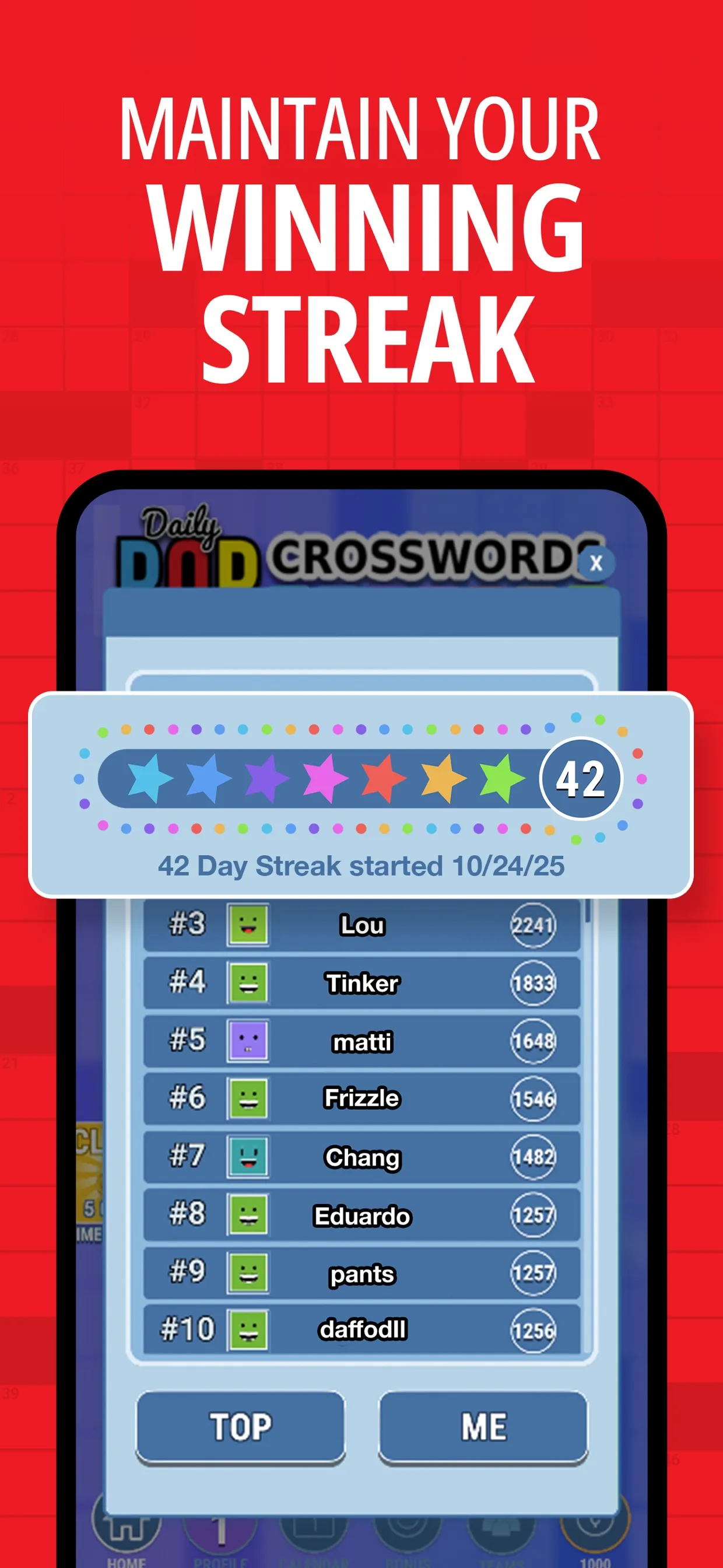Daily POP Crosswords store art: a 42 day streak banner over the app's leaderboard of player scores