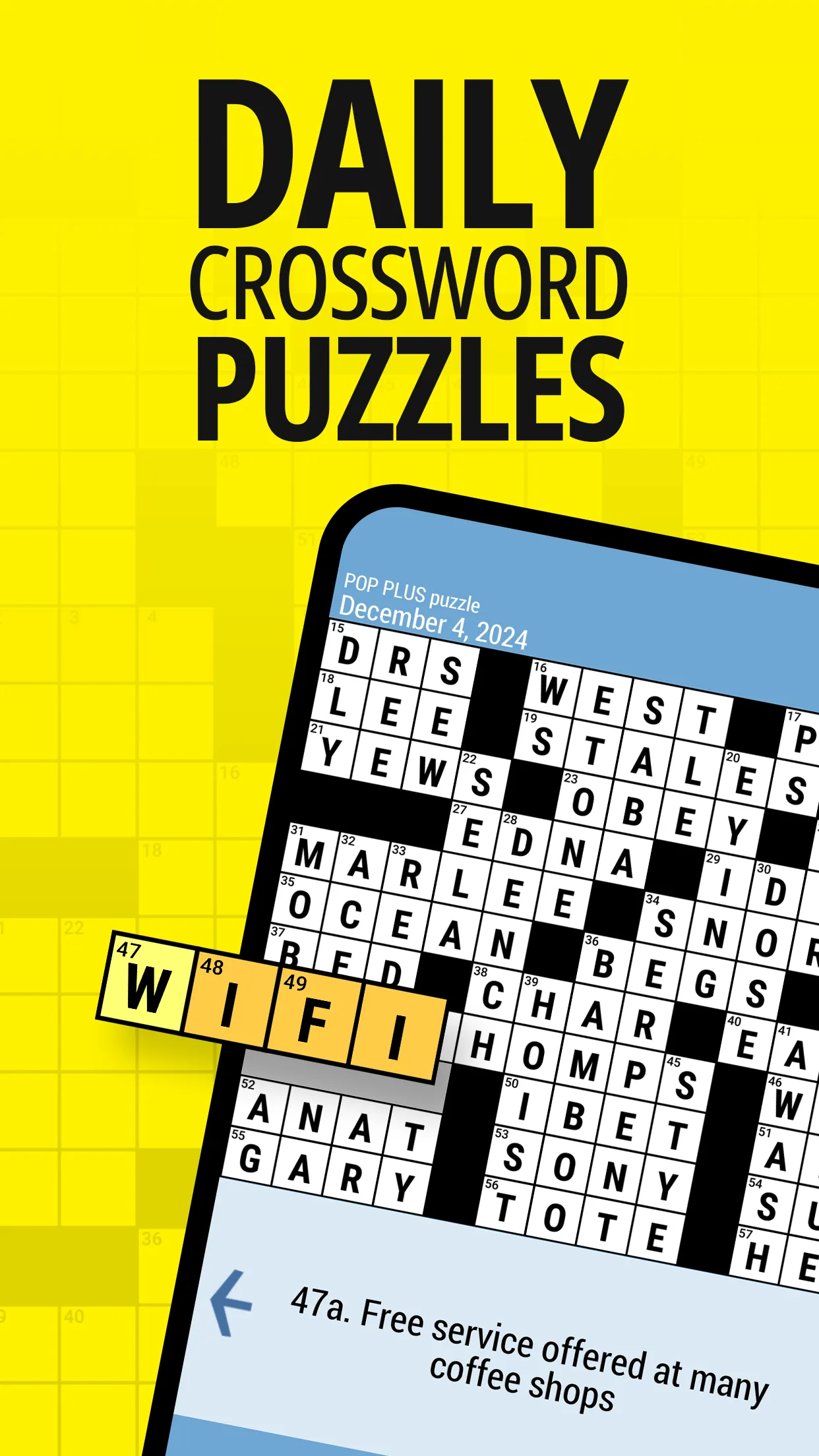 Daily POP Crosswords store screenshot: a POP PLUS crossword dated December 4, 2024, with the answer WIFI for the clue Free service offered at many coffee shops