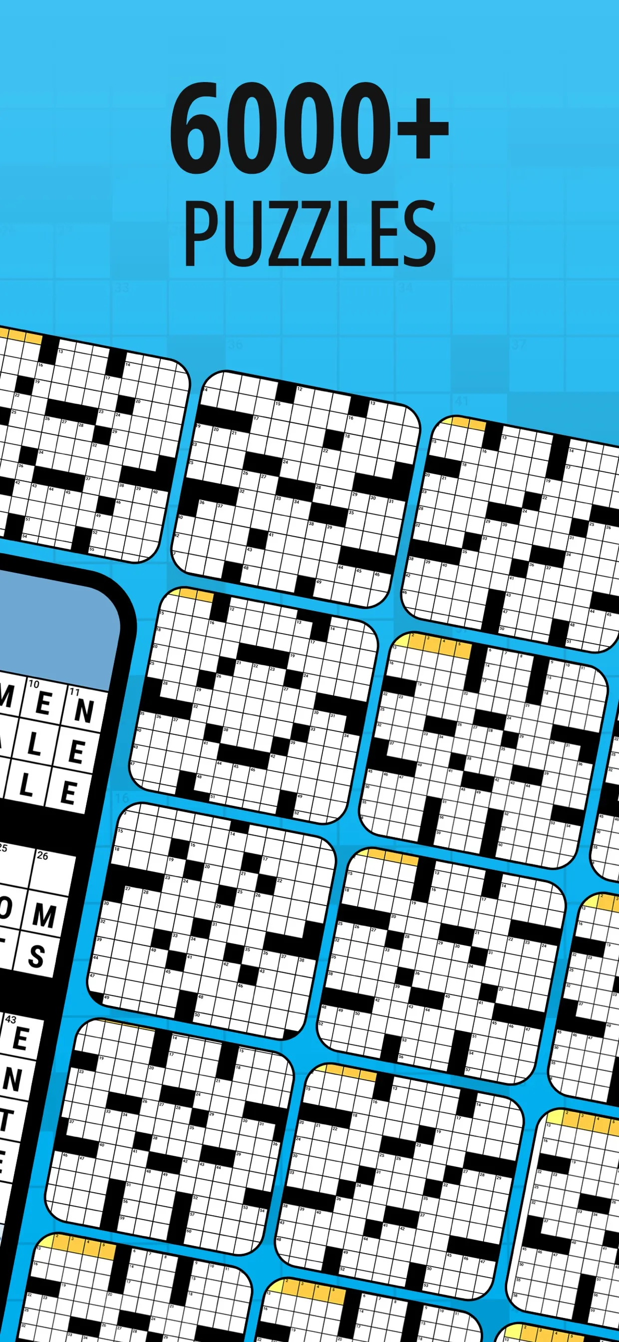Daily POP Crosswords store art: rows of crossword grids from the archive of 6000+ puzzles
