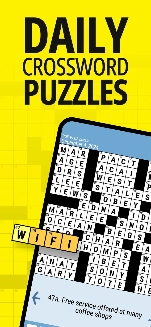 Daily POP Crosswords store art: a POP PLUS crossword dated December 4, 2024 on a phone, with WIFI entered for 47 Across, Free service offered at many coffee shops