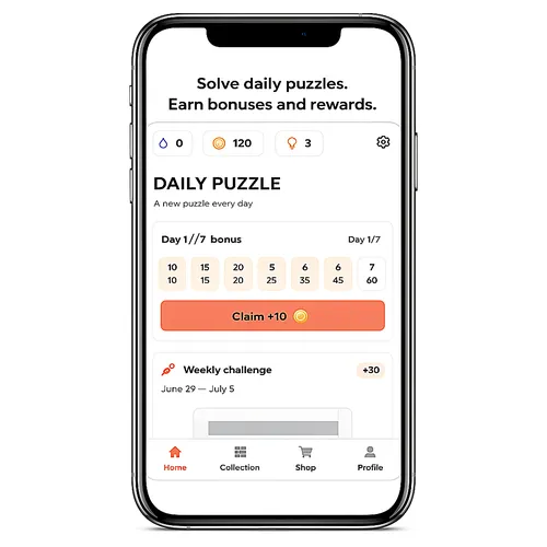 Daily Puzzle's home screen headed Daily Puzzle, A new puzzle every day, with a seven-day bonus row and the weekly challenge