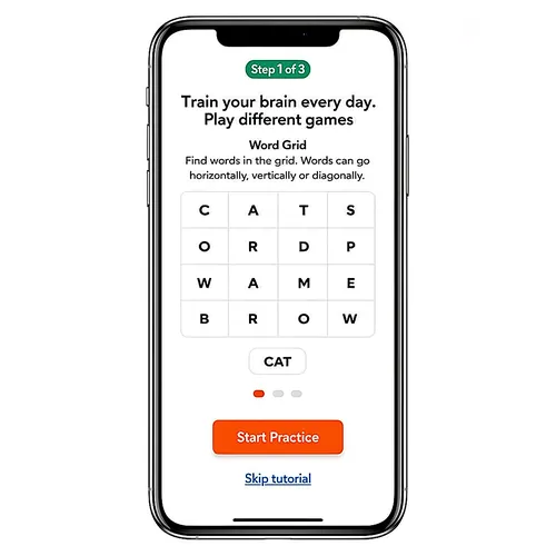 Daily Puzzle's Word Grid tutorial: a four by four letter grid with CAT found, under the line Train your brain every day