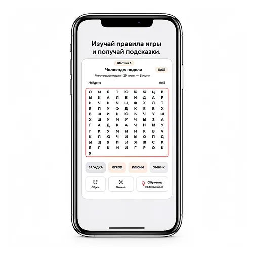 Daily Puzzle's weekly challenge in Russian: a word search grid of Cyrillic letters with five words to find