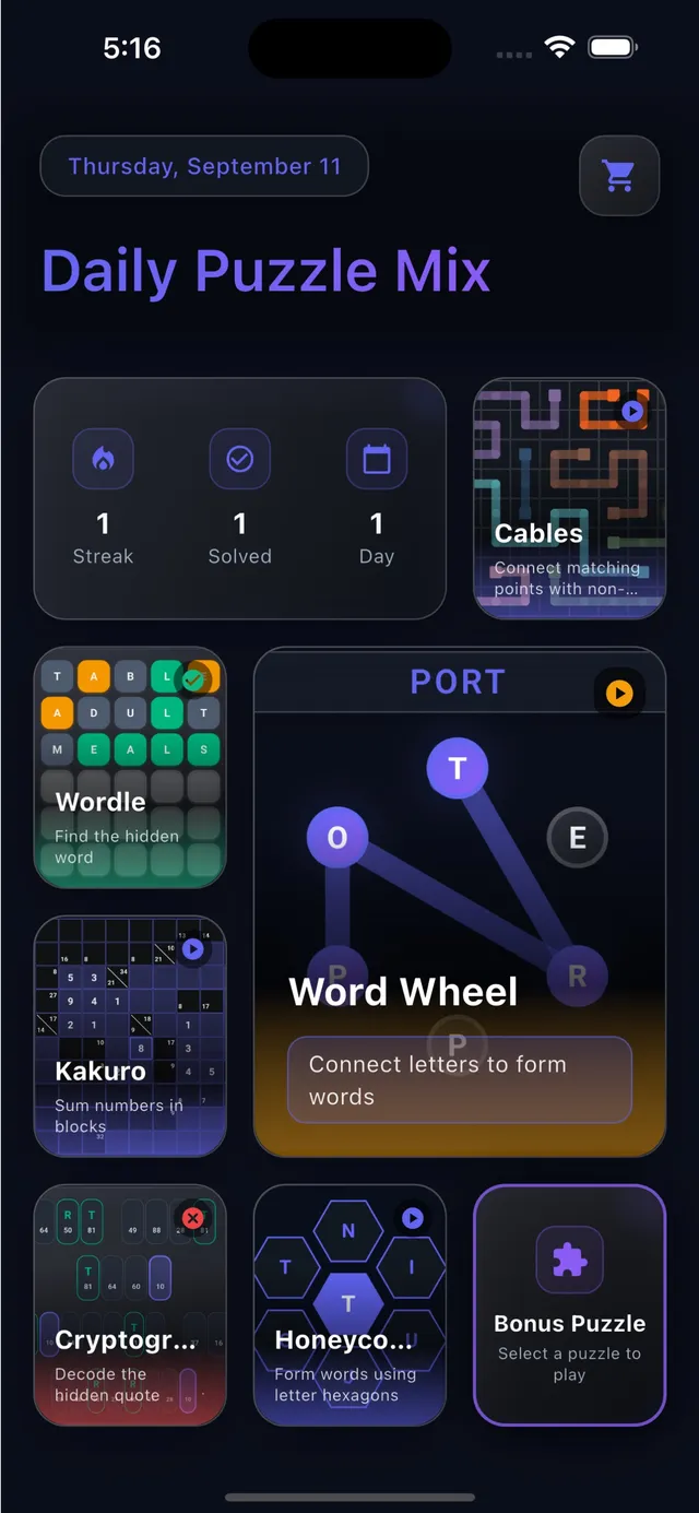 Daily Puzzle Mix home screen with the date, streak counter and tiles for Cables, Wordle, Word Wheel, Kakuro, Cryptogram, Honeycomb and the bonus puzzle