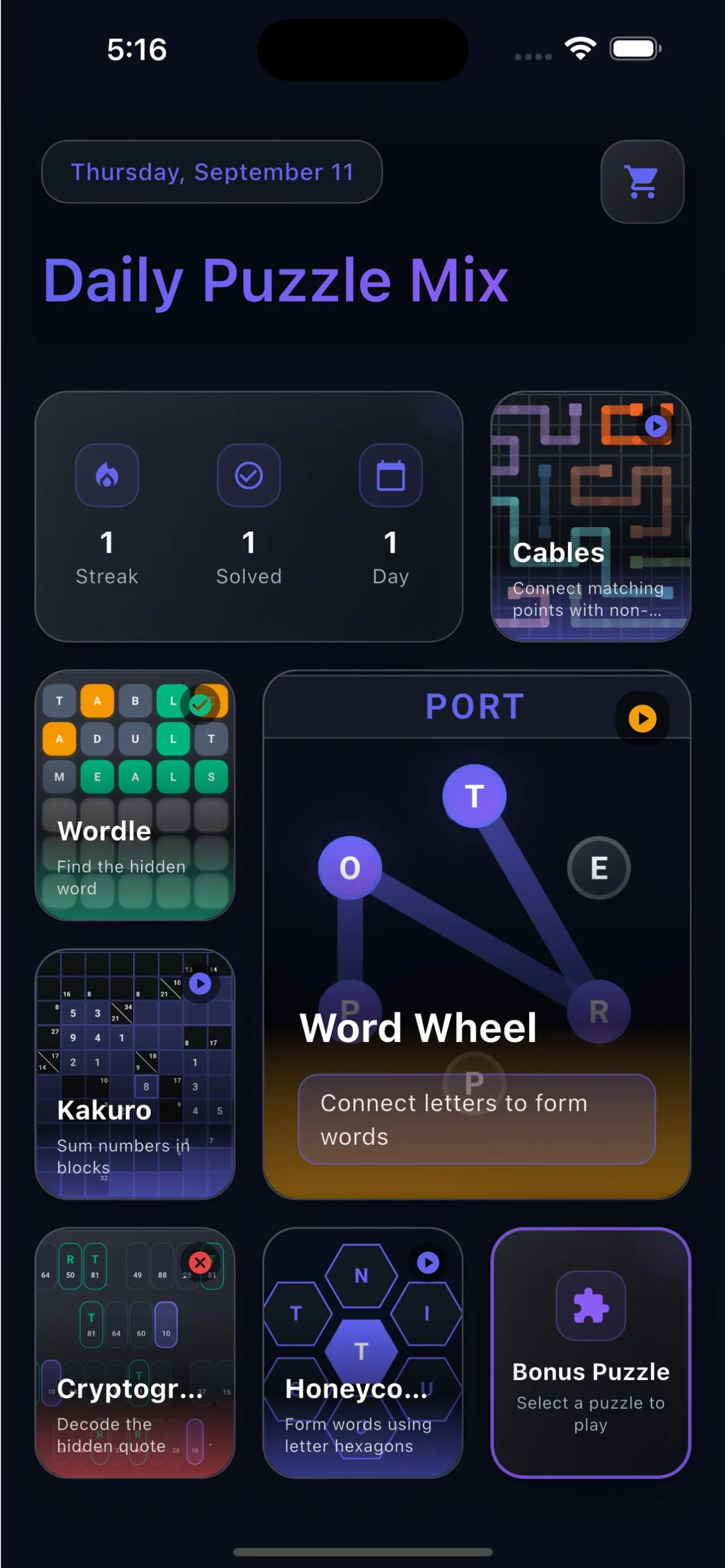 Daily Puzzle Mix home screen with the date, streak counter and tiles for Cables, Wordle, Word Wheel, Kakuro, Cryptogram, Honeycomb and the bonus puzzle