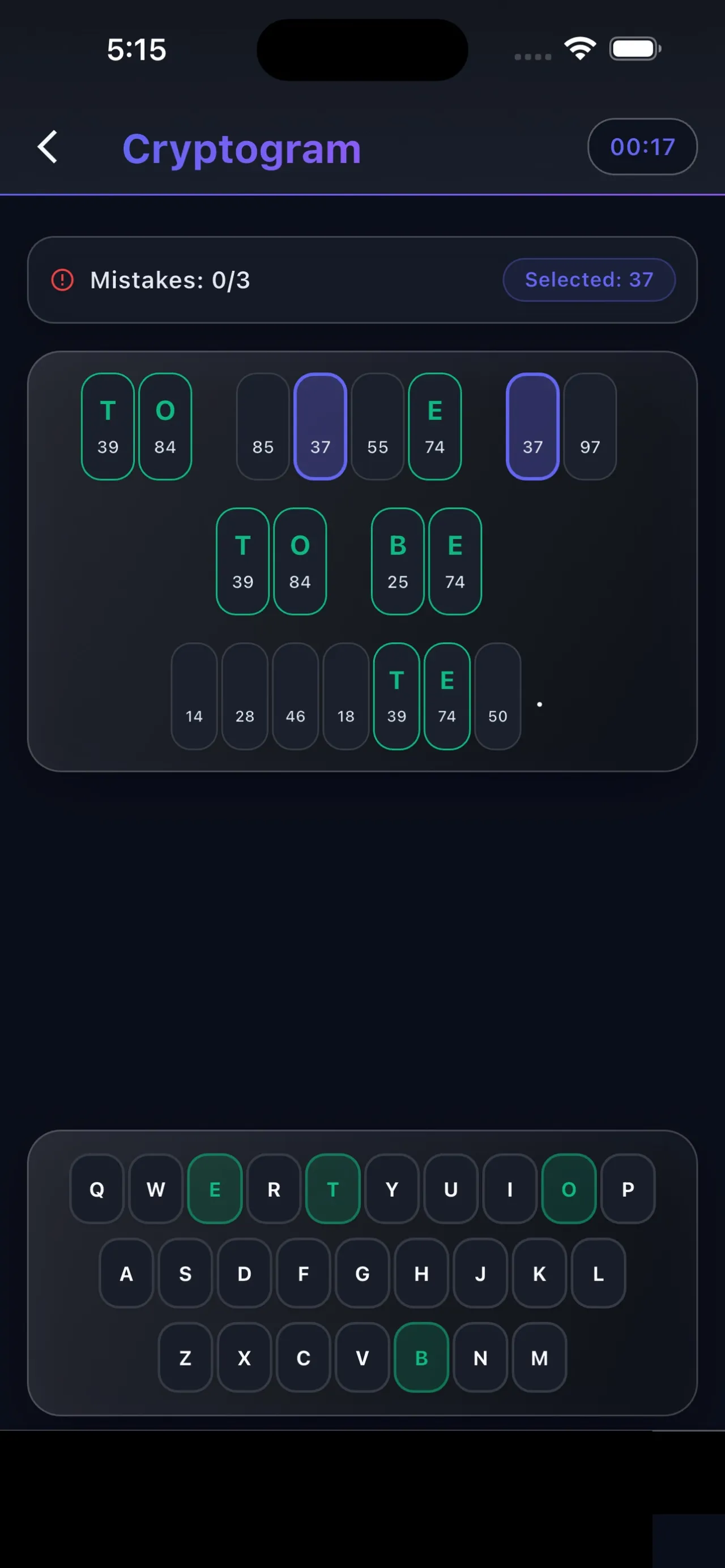 A Daily Puzzle Mix cryptogram with numbered letter boxes and a mistake counter