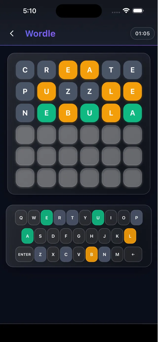 Daily Puzzle Mix's six-letter Wordle board (App Store screenshot): the guesses CREATE, PUZZLE and NEBULA in grey, orange and green tiles above a coloured keyboard, with a timer