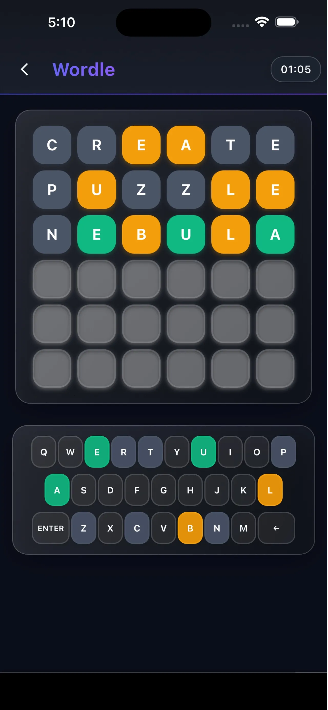 A Daily Puzzle Mix Wordle board with the guesses CREATE, PUZZLE and NEBULA coloured green and yellow