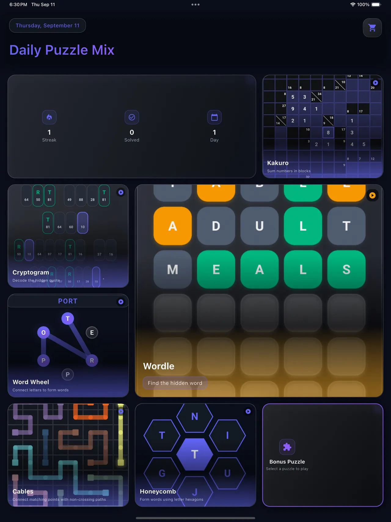 Daily Puzzle Mix on iPad: the day's puzzle tiles including Kakuro, Wordle, Cables and Honeycomb