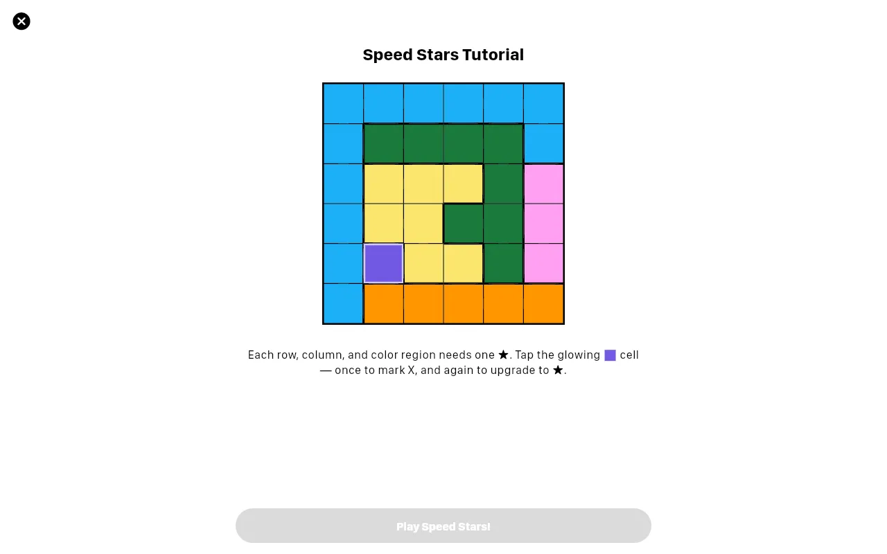 The Speed Stars tutorial: a 6x6 grid of colour regions with one glowing purple cell, and the note that each row, column and colour region needs one star