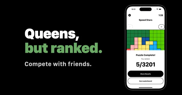 Daily Queens Game share card: the words Queens, but ranked. Compete with friends, beside a phone showing a finished Speed Stars colour grid and the result You ranked 5/3201
