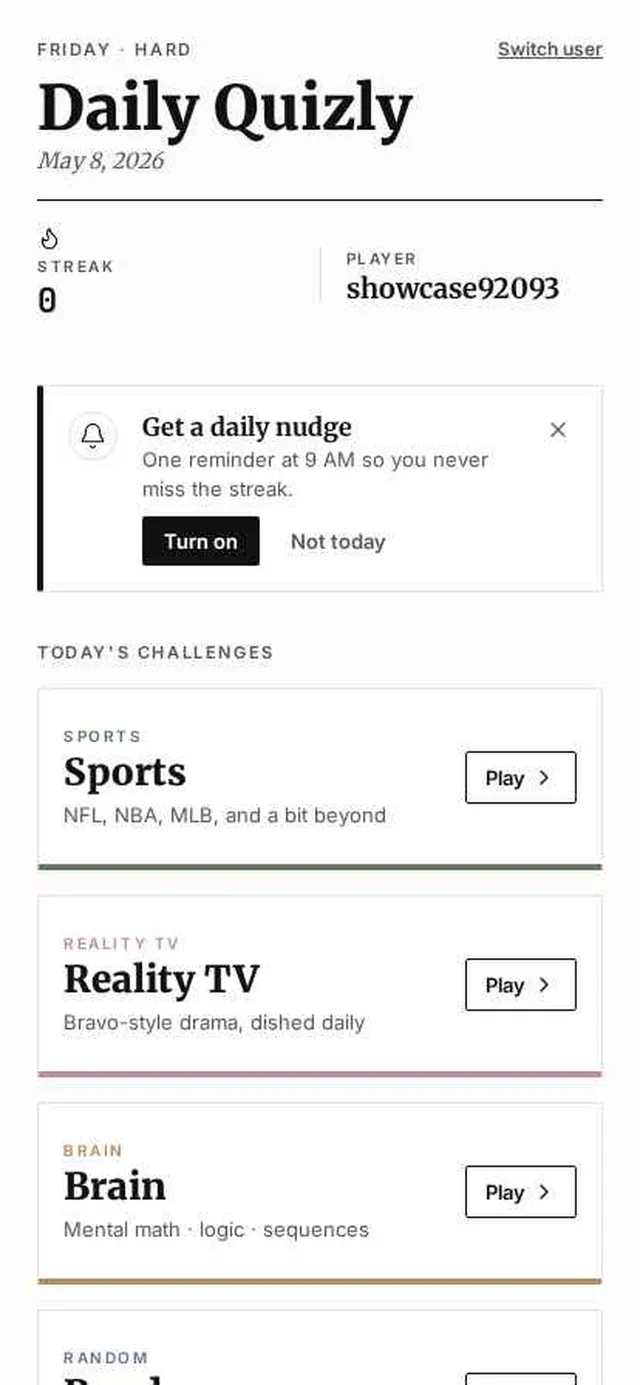 Daily Quizly home screen for Friday, Hard, with today's challenges: Sports, Reality TV and Brain