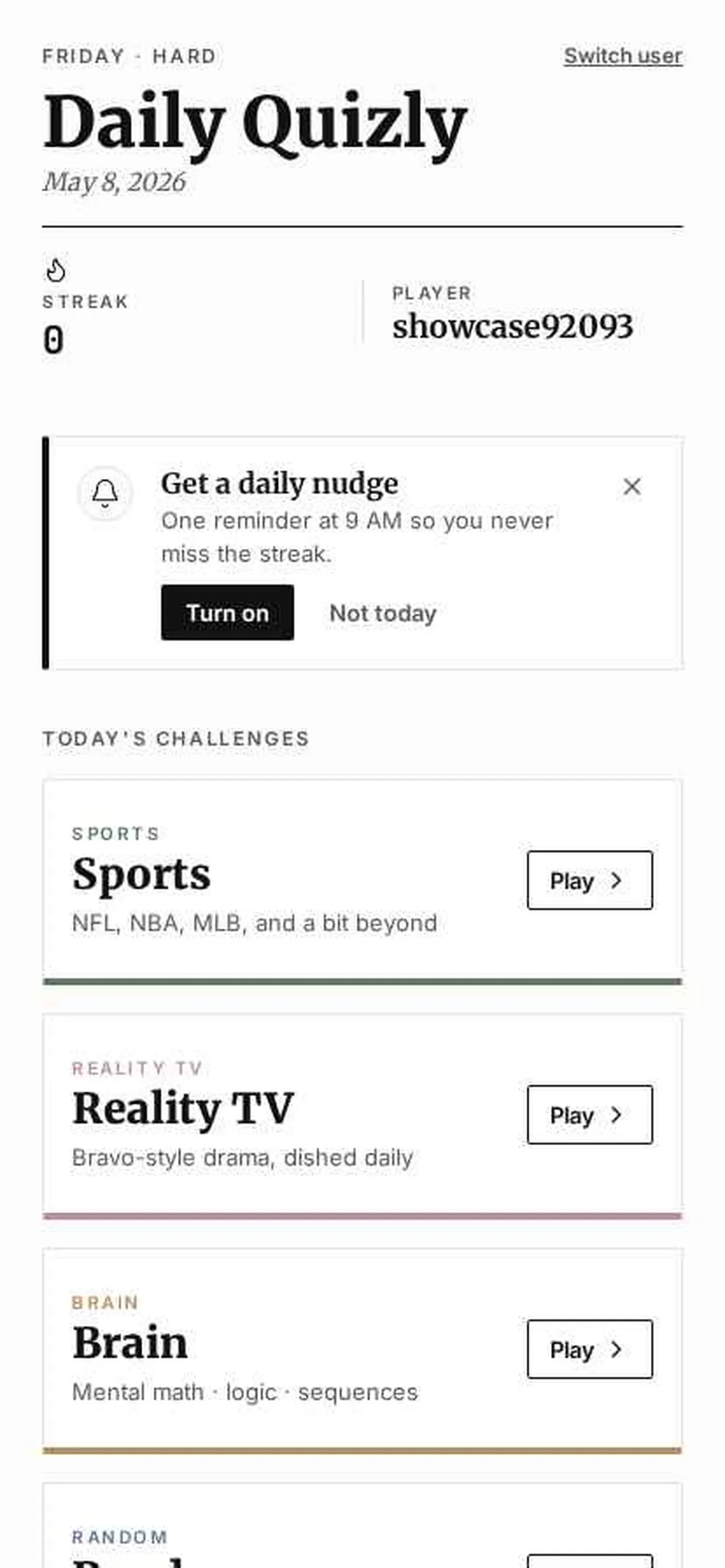 Daily Quizly home screen for Friday, Hard, with today's challenges: Sports, Reality TV and Brain