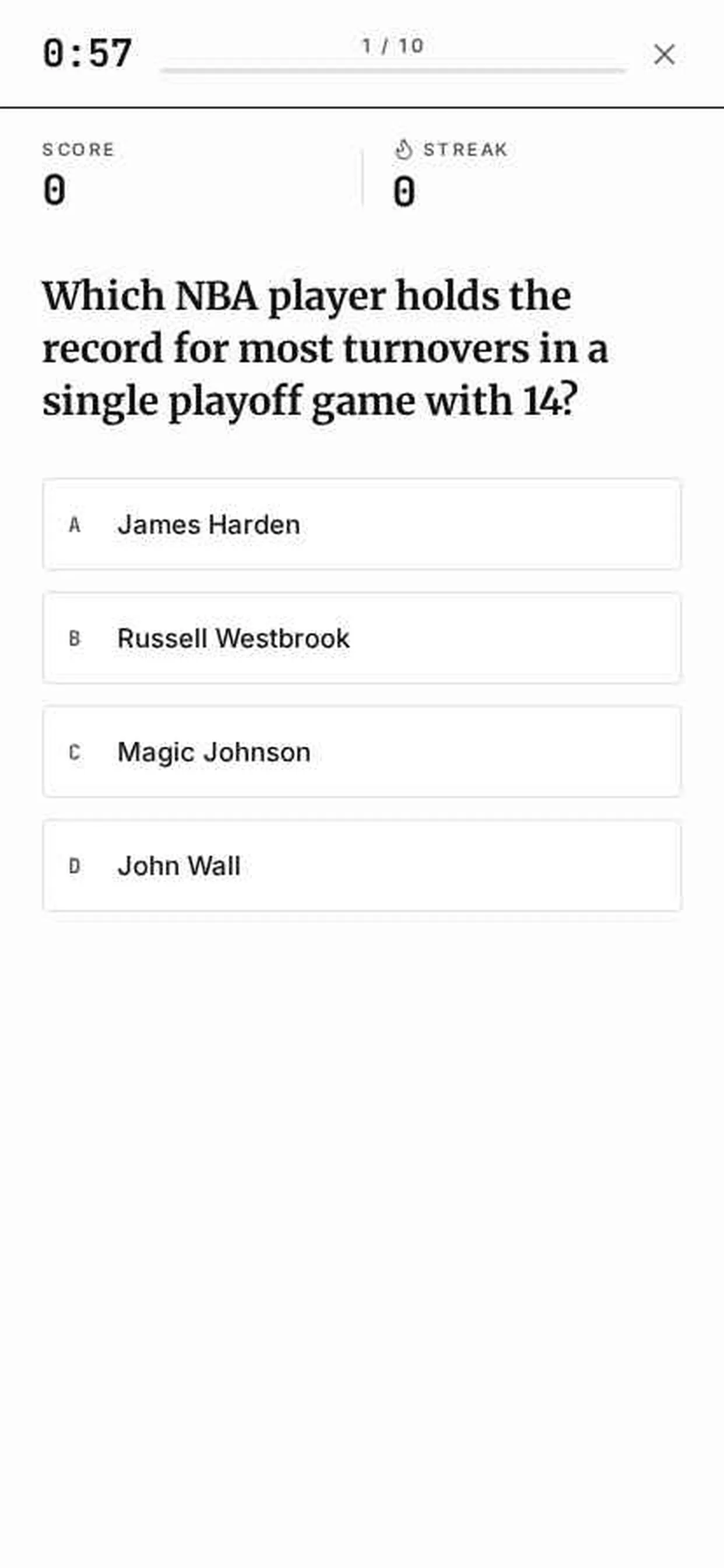 A timed question asking which NBA player holds the record for most turnovers in a playoff game, with four answers