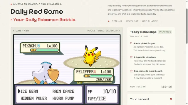 Daily Red Game in the browser: a FireRed battle of a level 100 Pelipper against Pikachu, with the move menu open beside today's challenge panel