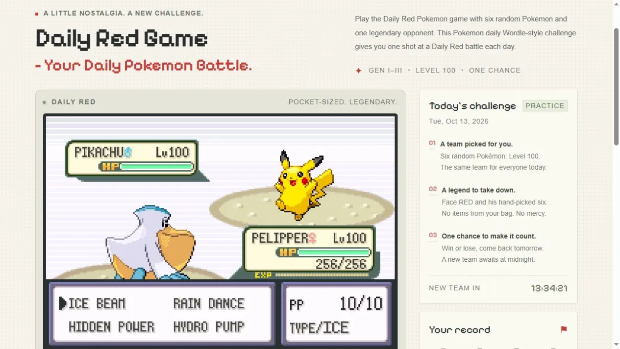 Daily Red Game in the browser: a FireRed battle of a level 100 Pelipper against Pikachu, with the move menu open beside today's challenge panel