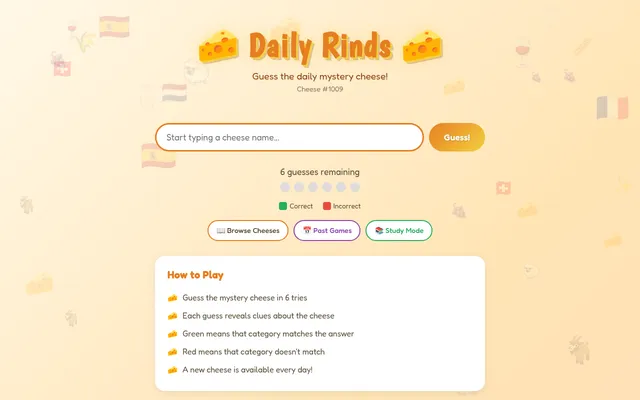 Daily Rinds page for Cheese #1009, with the cheese name guess box, six guesses remaining, the Browse Cheeses, Past Games and Study Mode buttons and How to Play