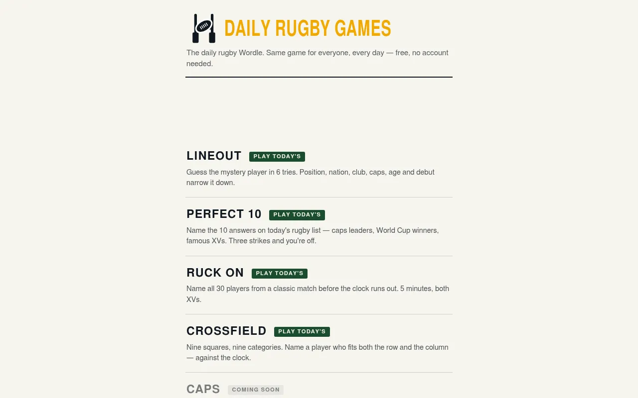 Daily Rugby Games front page listing the day's Lineout, Perfect 10, Ruck On and Crossfield, with Caps marked coming soon