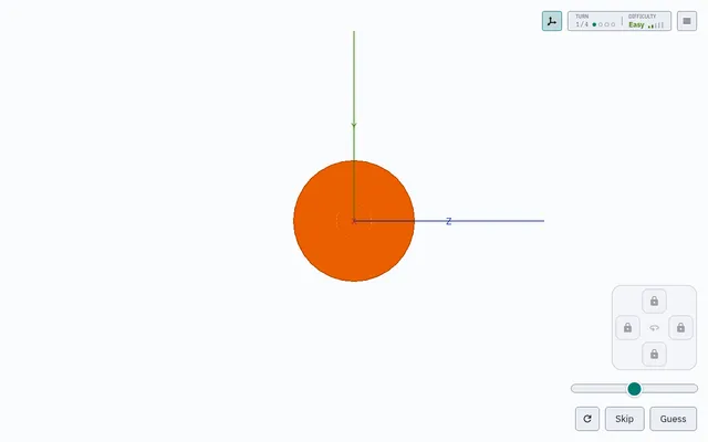 Daily Salami puzzle on turn 1 of 4, Easy: an orange round cross-section of the hidden object on the cutting axes, with a slider, a locked movement pad and Skip and Guess buttons