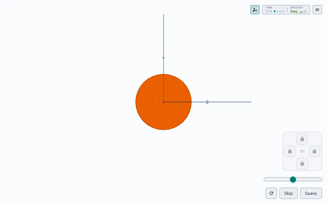 Daily Salami puzzle on turn 1 of 4, Easy: an orange round cross-section of the hidden object on the cutting axes, with a slider, a locked movement pad and Skip and Guess buttons