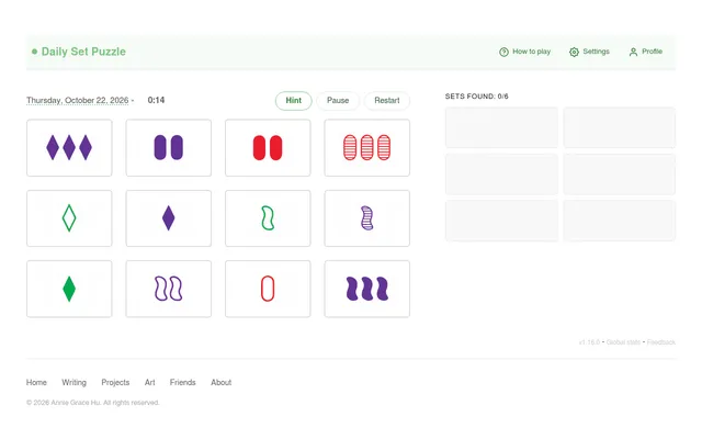 Daily Set Puzzle for Thursday, October 22, 2026 at desktop size: twelve Set cards in a grid, the timer, Hint, Pause and Restart, and an empty Sets Found panel for six sets