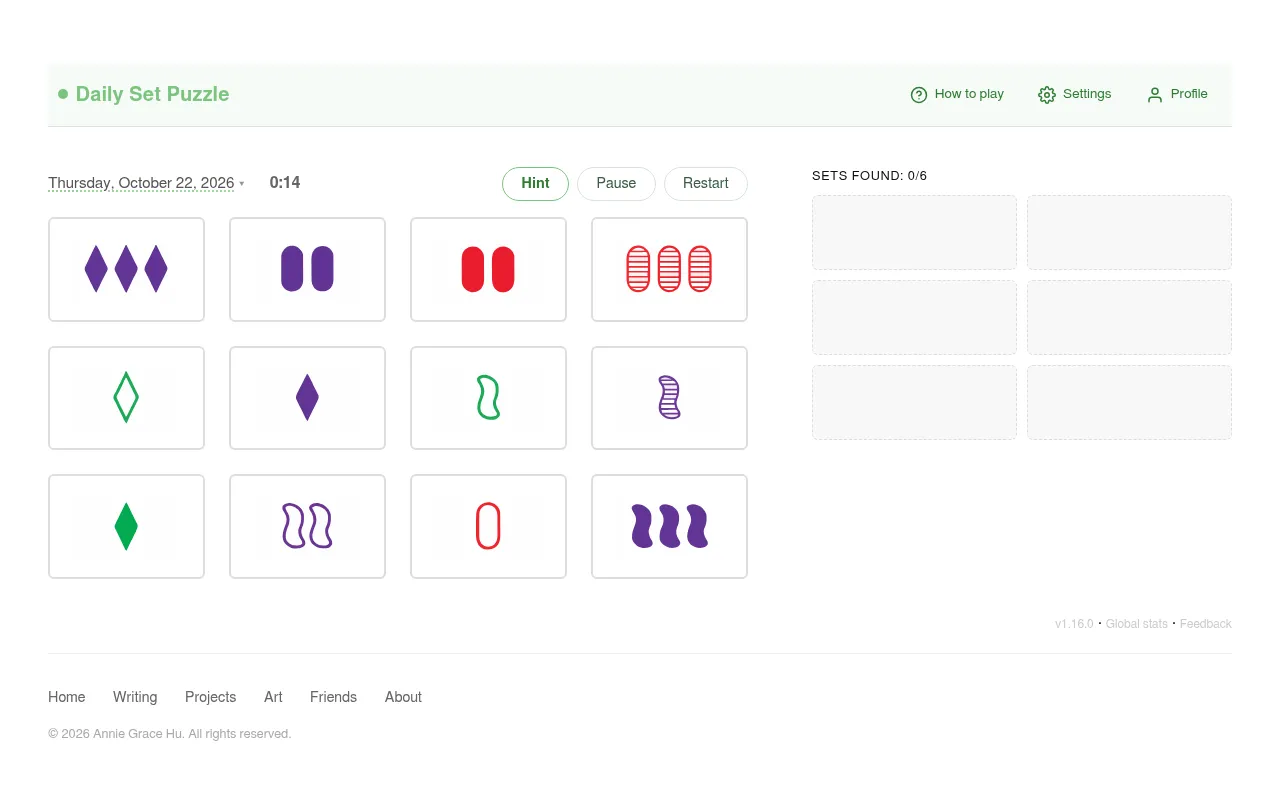 Daily Set Puzzle for Thursday, October 22, 2026 at desktop size: twelve Set cards in a grid, the timer, Hint, Pause and Restart, and an empty Sets Found panel for six sets