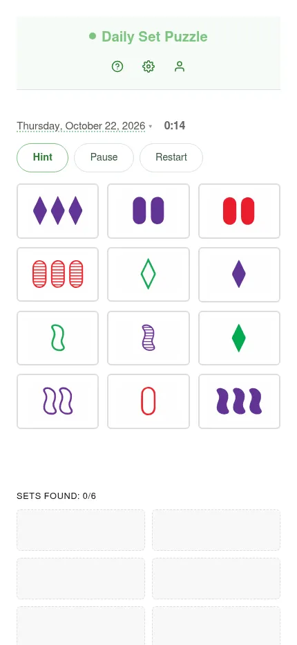 The same October 22, 2026 board at phone size: twelve Set cards in three columns under the date and timer, with the Sets Found panel below