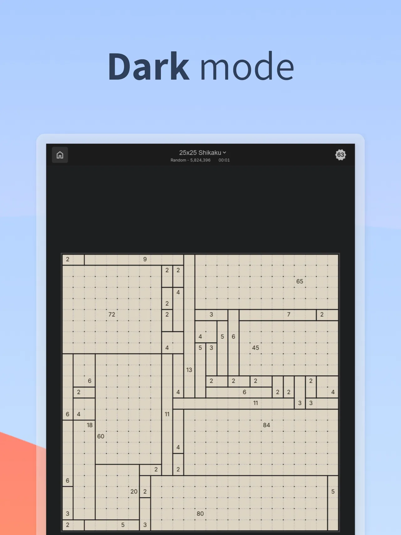 A 25x25 Shikaku grid divided into rectangles, in the PuzzleGym app's dark mode
