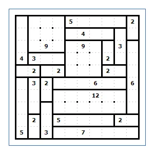 A solved Shikaku grid divided into rectangles, each with one number giving its area
