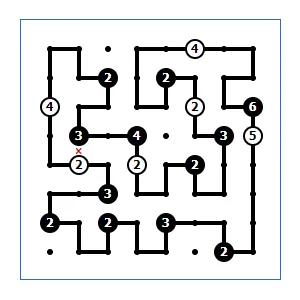 A Shingoki grid with numbered black and white circles and a single loop, from puzzle-shingoki.com