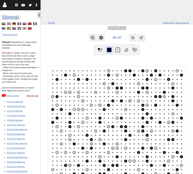 The Special Daily Shingoki on puzzle-shingoki.com: a large field of dots with numbered black and white circles to route a single loop through, next to the rules