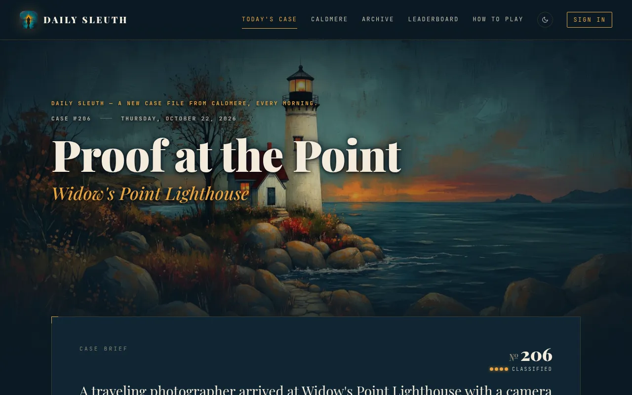 Daily Sleuth home page with today's case 206, Proof at the Point at Widow's Point Lighthouse, over a painting of the lighthouse at dusk