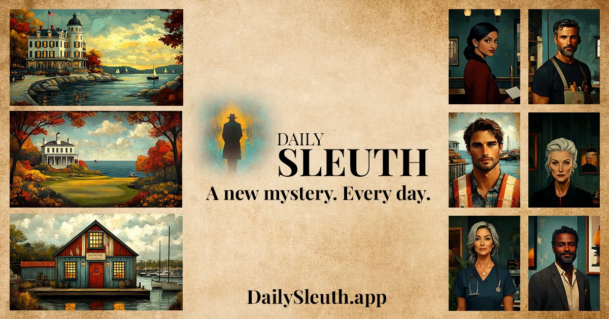 Daily Sleuth title card with paintings of Caldmere buildings and suspect portraits and the line A new mystery. Every day.