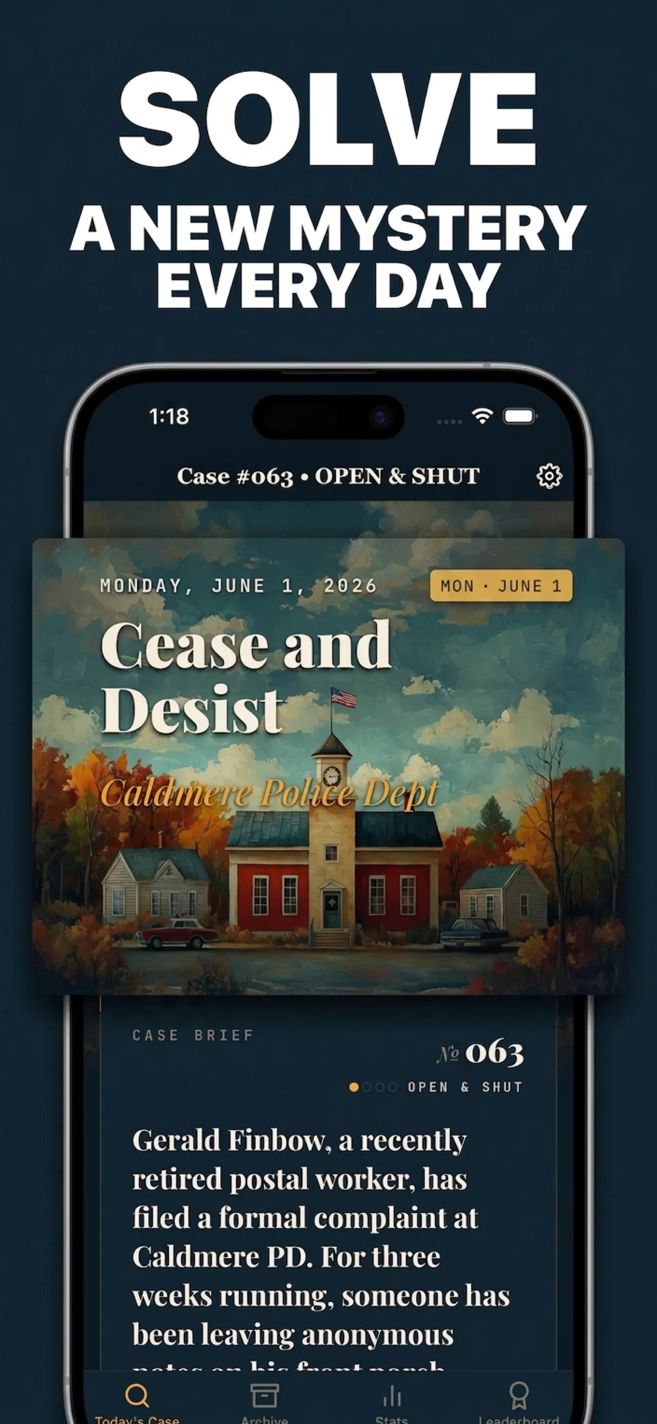 Daily Sleuth iPhone app screenshot: case 63, Cease and Desist at Caldmere Police Dept, with its case brief