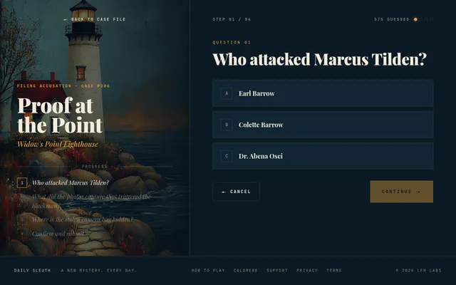 Daily Sleuth case 206, Proof at the Point, 22 October 2026: the accusation step asking who attacked Marcus Tilden, with three suspects to choose and five guesses left