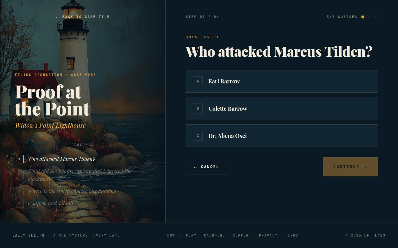 Daily Sleuth case 206, Proof at the Point, 22 October 2026: the accusation step asking who attacked Marcus Tilden, with three suspects to choose and five guesses left