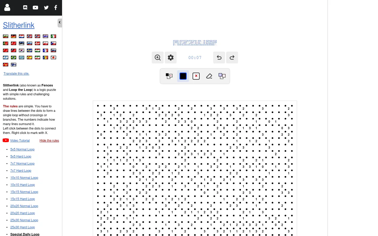 The Special Daily Loop for 20 October 2026 on puzzle-loop.com: a 30 by 30 Slitherlink grid of dots and number clues under the timer and drawing tools