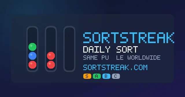 Daily Sort card: three tubes, one holding a green, a blue and a red ball and one holding two red balls, beside the words Sortstreak Daily Sort