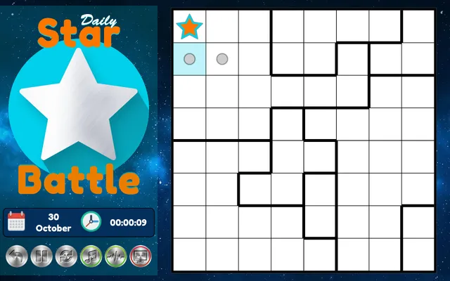 Daily Star Battle on Solitaire.org, the 8x8 board for 30 October being played: one orange star placed in the top left and grey dots beside it, with the date and timer on the left