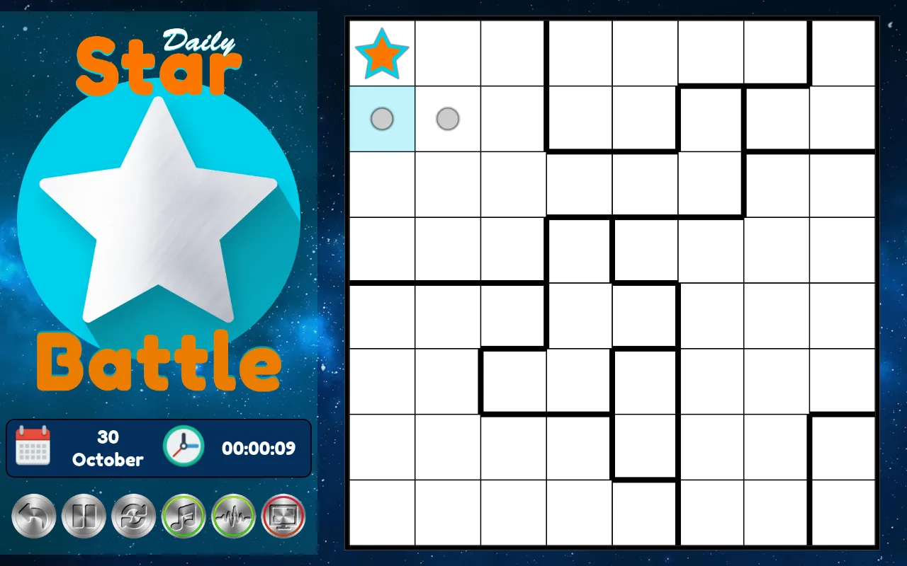 Daily Star Battle on Solitaire.org, the 8x8 board for 30 October being played: one orange star placed in the top left and grey dots beside it, with the date and timer on the left