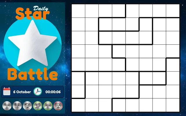 Daily Star Battle on Solitaire.org: the game's star logo and the date 6 October with a timer beside an empty 8x8 board divided into outlined islands