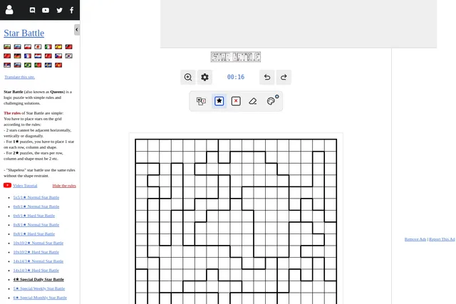 The 4-star Special Daily Star Battle on puzzle-star-battle.com: a 17x17 empty grid divided into bold-edged regions, the star tools above and the rules in the side panel
