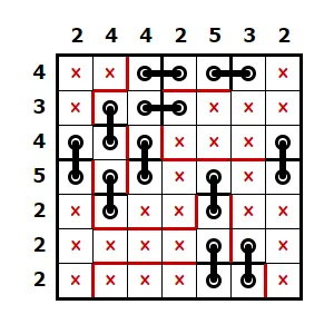 A Stitches grid of coloured blocks joined by stitches with row and column counts, from puzzle-stitches.com