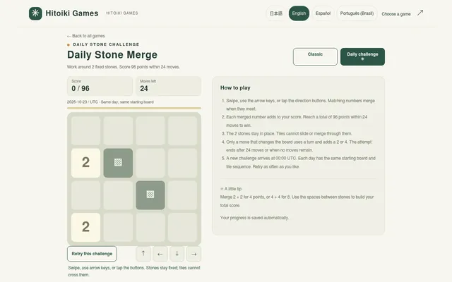 Daily Stone Merge for 23 October 2026: today's 4x4 board with two grey stones and two 2 tiles, a 0 / 96 score, 24 moves left and the how-to-play panel