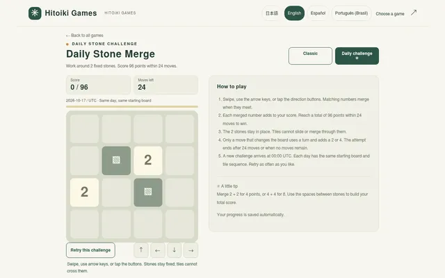Daily Stone Merge for 17 October 2026: a 4x4 board with two grey stones and two 2 tiles, a 0 / 96 score, 24 moves left and the how-to-play panel