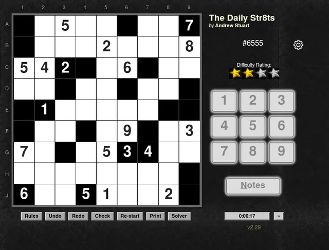 The Daily Str8ts #6555 by Andrew Stuart on 29 October 2026: a 9x9 grid of white and black cells with given digits, a two-star rating, a number pad and Notes button