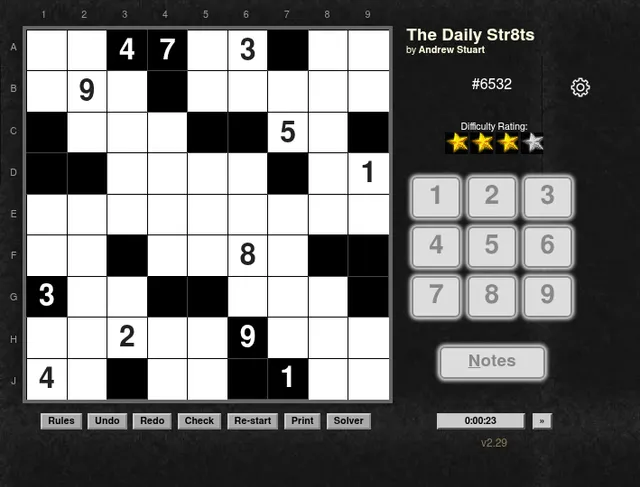 The Daily Str8ts #6532 by Andrew Stuart: a 9x9 grid of white and black cells with some numbers given, a three-star difficulty rating, a number pad and a timer