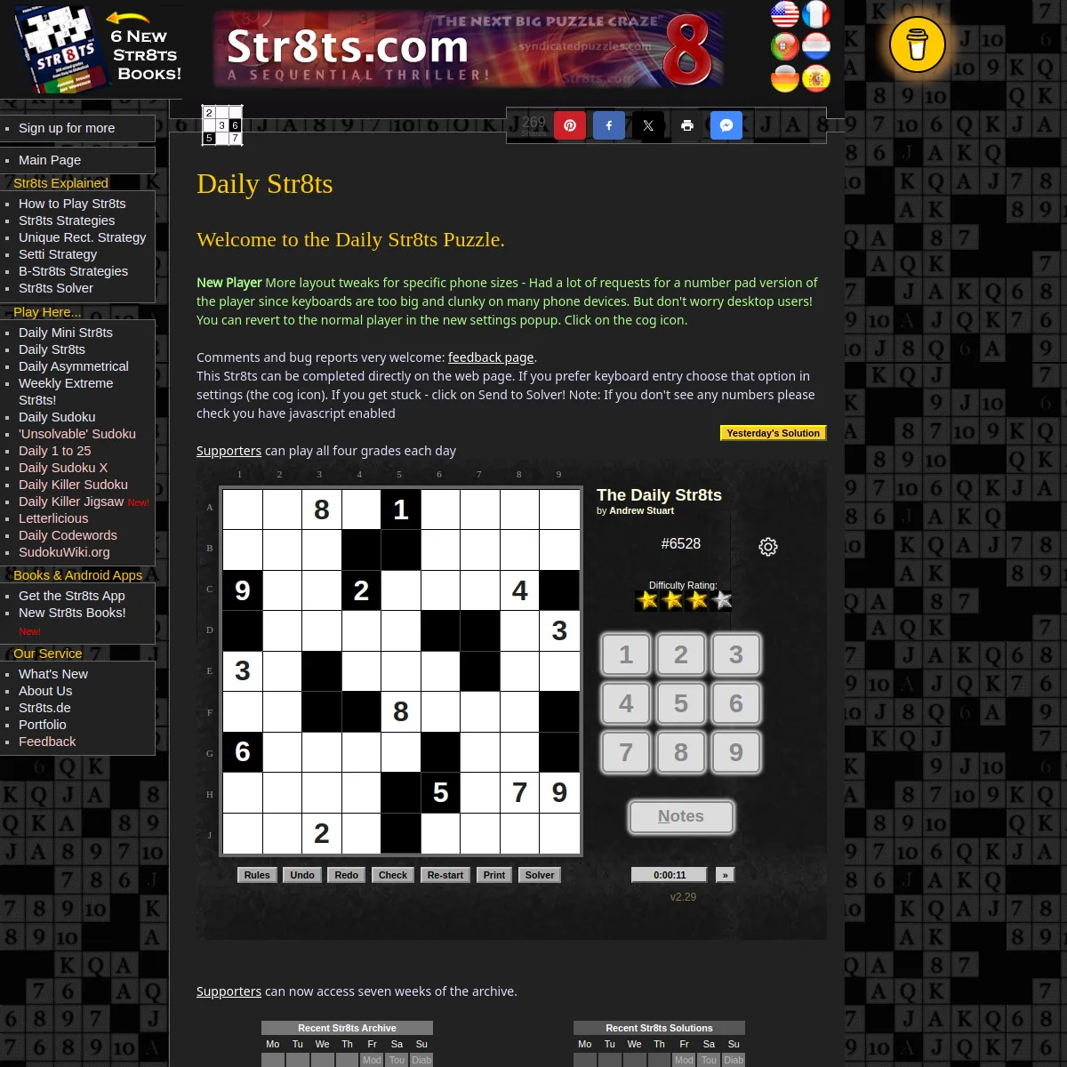 The Daily Str8ts player with puzzle #6528, a 9x9 grid of white and black cells, number pad and timer