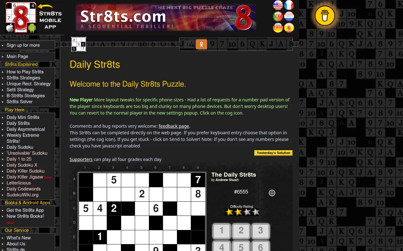 The Daily Str8ts page on str8ts.com at desktop size, with the site menu on the left and today's grid #6555 below the welcome text
